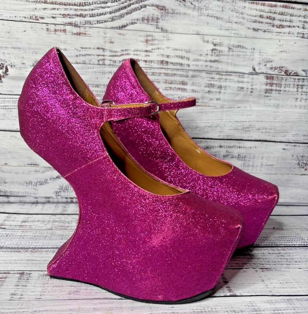 Machi Pink Glitter Heelless Platforms Mary Jane Curved Wedge Shoes Rave 10